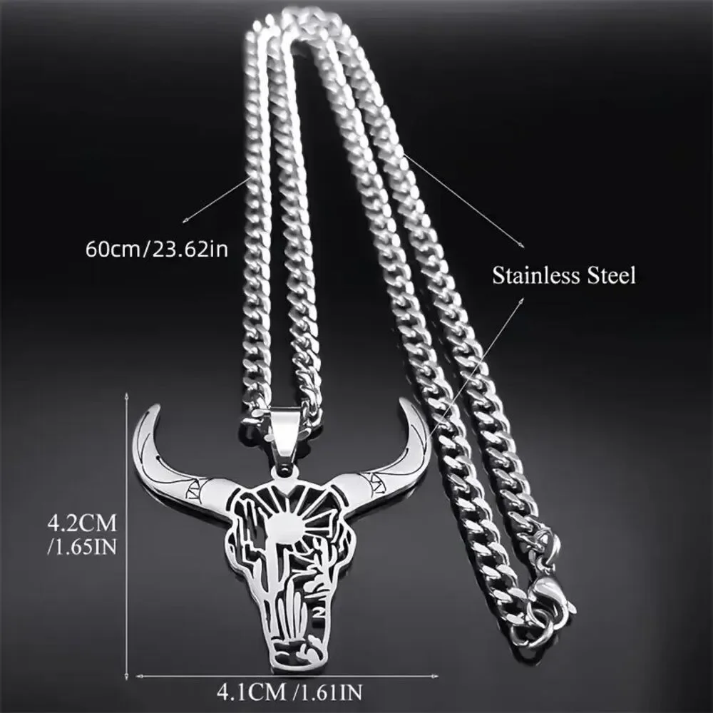 Stainless Steel Longhorn Bull Head Skull Sun Cactus Necklace